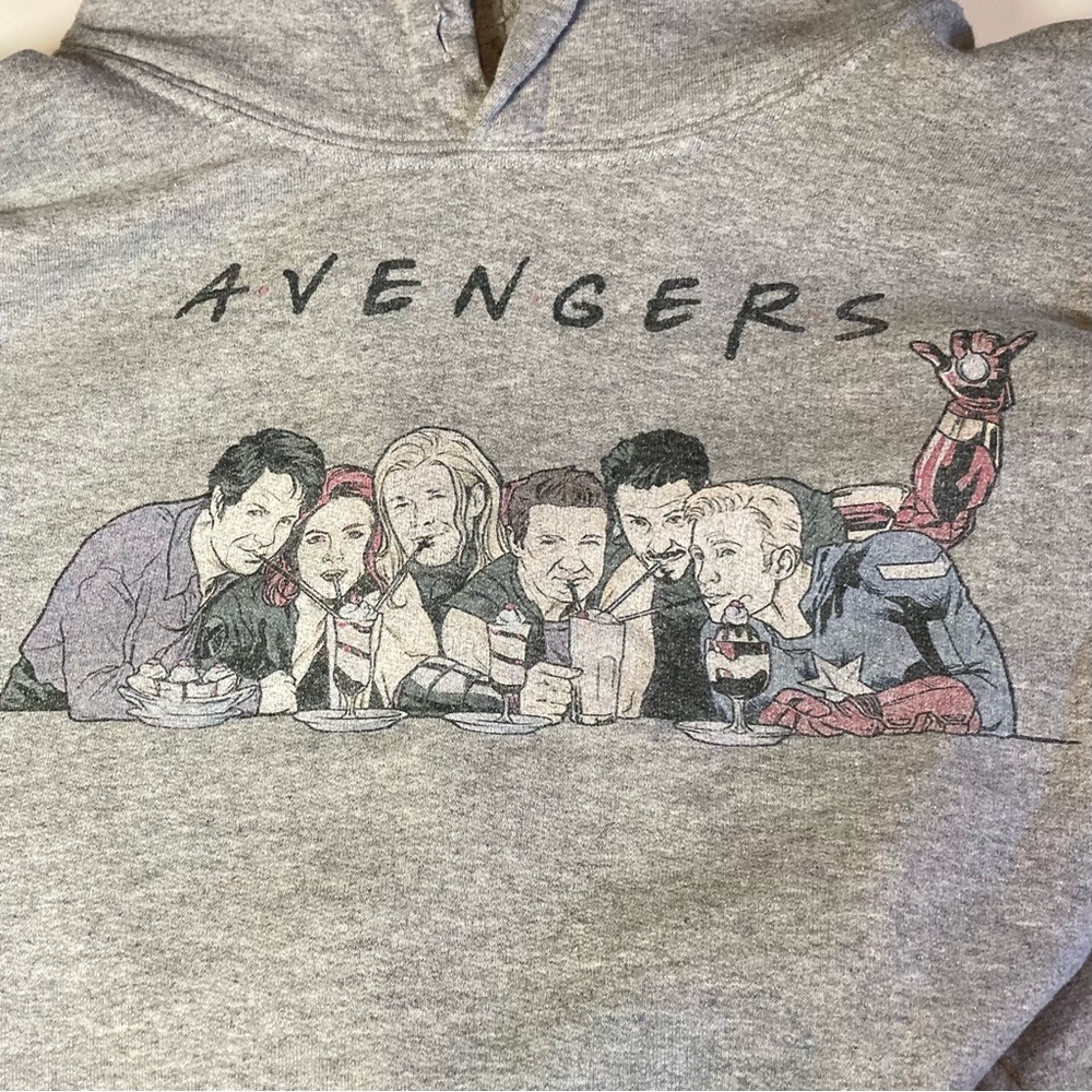 Avengers in Friends Milkshake Pose Gildan Grey Hoodie‎ | Missing Drawstring